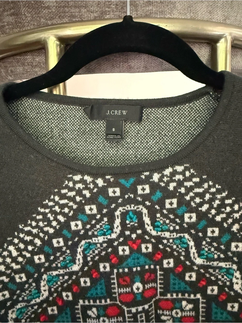 J. Crew Dark Green Geometric Pattern Crewneck Sweater with Red & Teal Accents